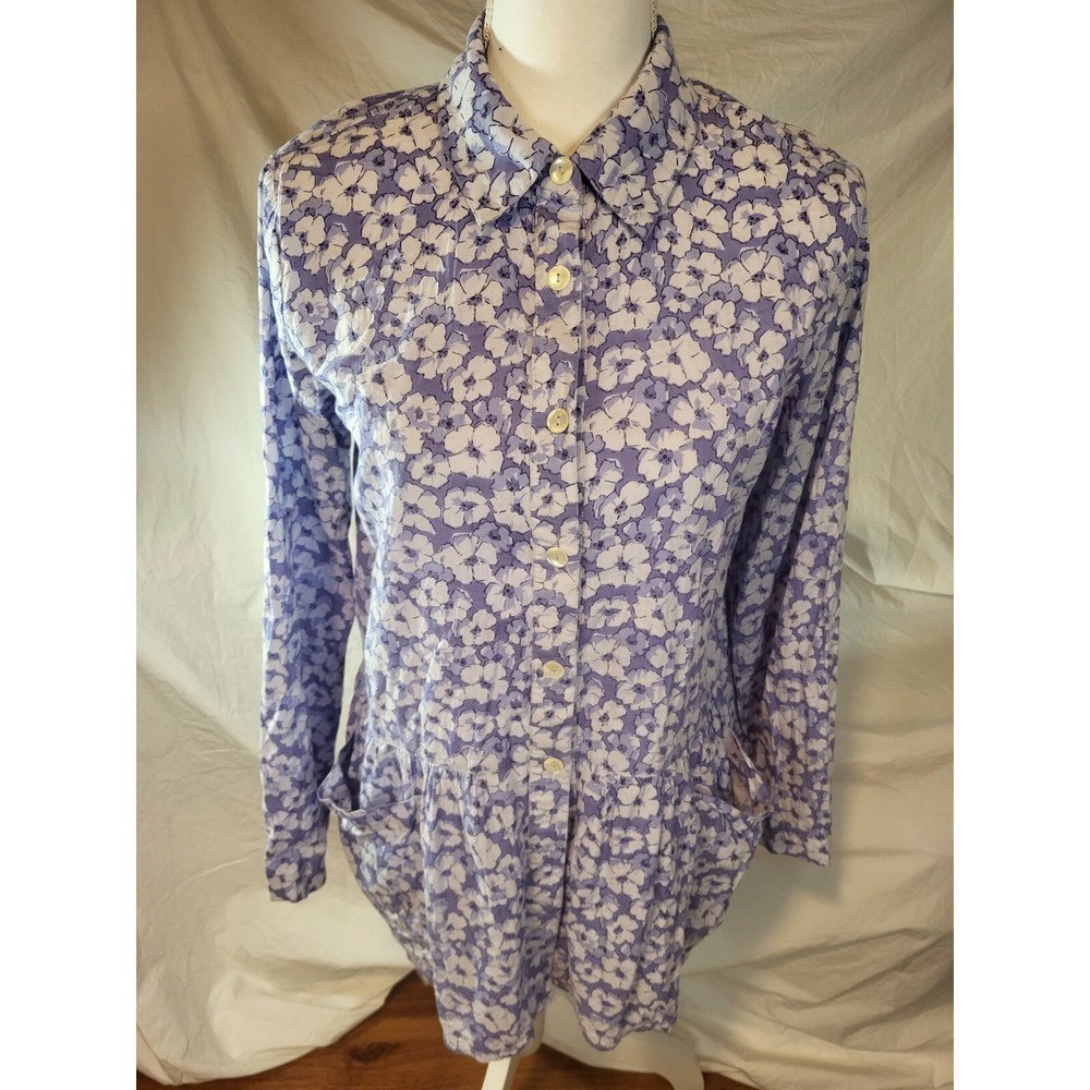 Catalog Classics Blue Floral Button Down Peplum Blouse Size M